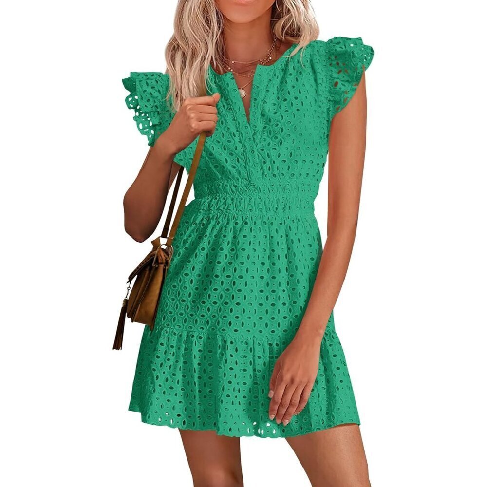 Women's Green V Neck Eyelet Cap Sleeve Summer Beach Vacation Sundresseses